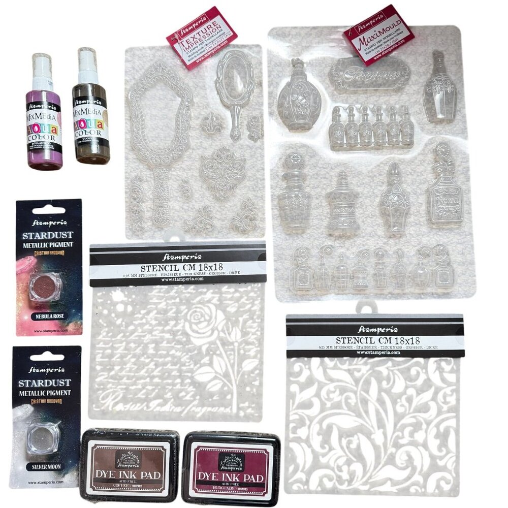 Stamperia Mixed Media Crafting Bundle  Mould Metallic Pigment Ink Pad Stencil